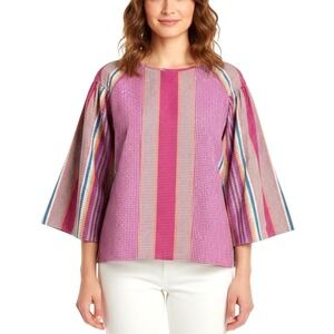 NEW IVY JANE Bell Sleeve‎ Mixed Print Gingham Stripe Tunic Top Size M Artsy Boho